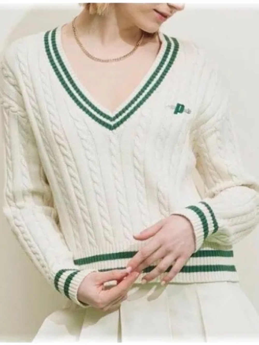 Prince | Pickleball Cable-Knit V-Neck Sweater with Green Trim